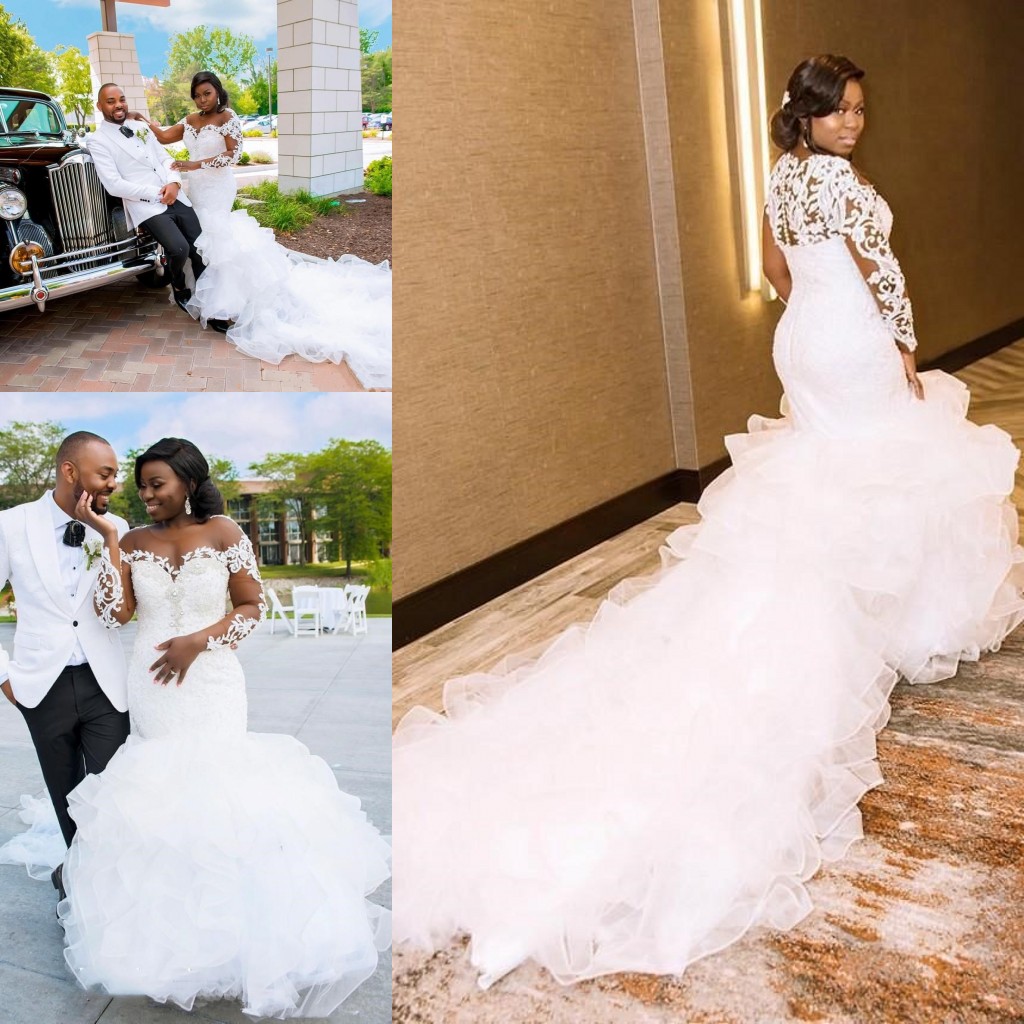 Plus Size African Wedding Dresses with Long Sleeve 2020 Lace Applique Cascading Ruffles Sweep Train Beach Bride Reception Gown