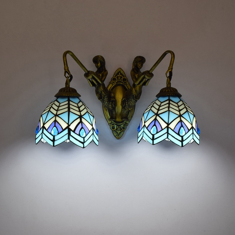 Tiffany style coloured glass wall lamps restaurant bedroom corridor lighting Modern mermaid double headed glass sconce TF056