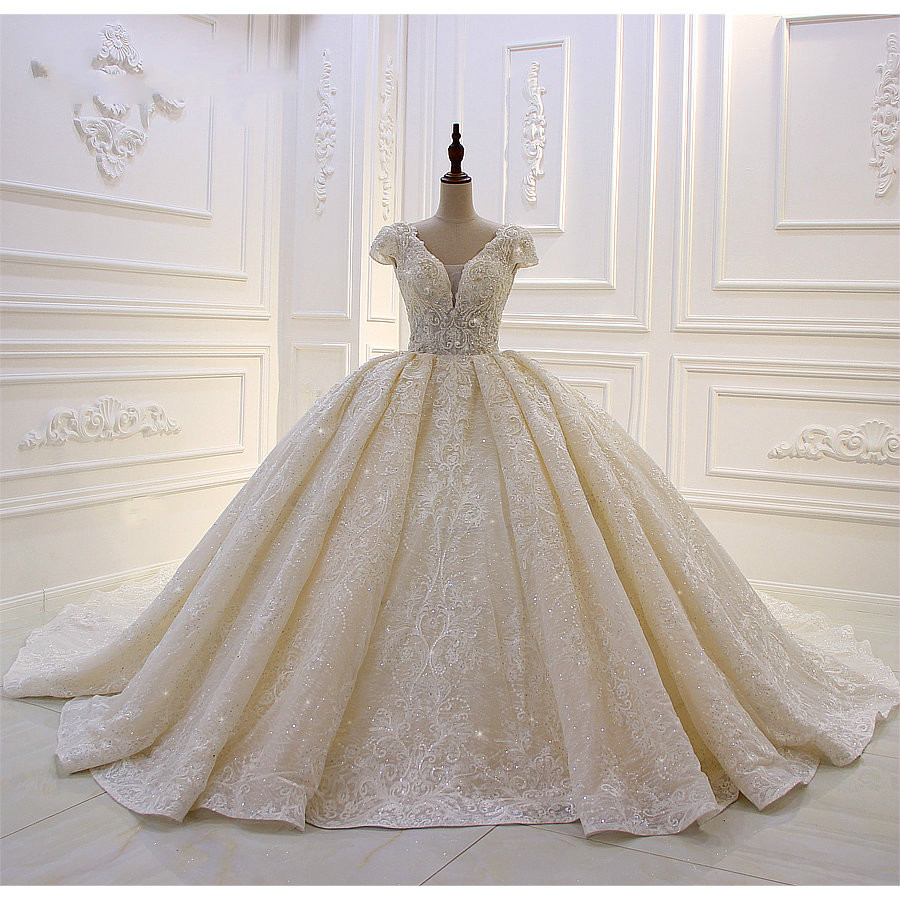lace ball gown wedding dresses v neck beaded appliqued ruffles country bridal gowns cap sleeve vintage plus size robes de soiree
