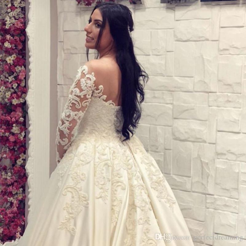 Saudi Arabic Lace Ball Gown Dresses Long Sleeves Off Shoulder Bridal Gowns With Cathedral Train Plus Size Wedding Dress Custom