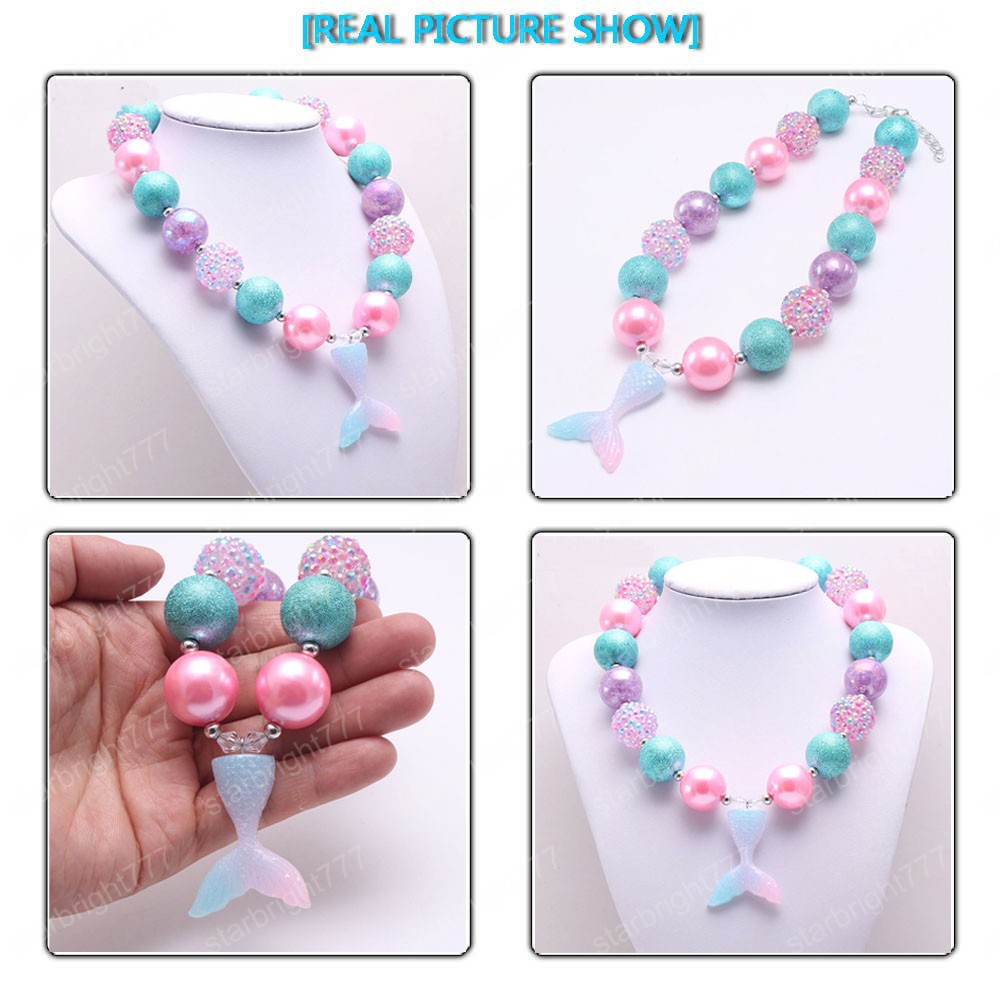 handmade chunky bubblegum beaded necklace for kids girls charm mermaid tail pendant necklace DIY baby jewelry gift