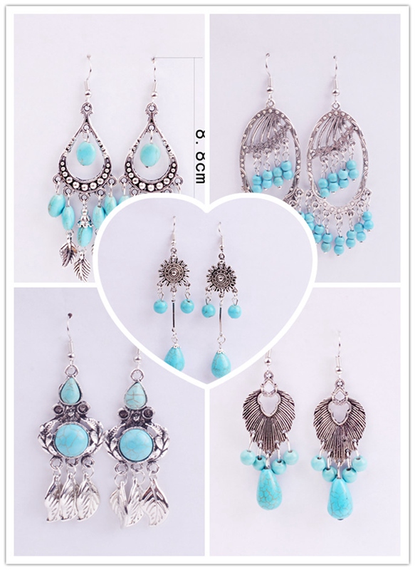 european and american retro pattern cross earrings long paragraph geometric round blue turquoise fashion personality earrings 6 models