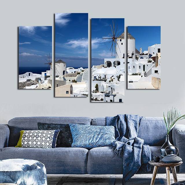 4pcs/set Unframed Greek Aegean Seaside White Buildings HD Print On Canvas Wall Art Picture For Home and Living Room Decor