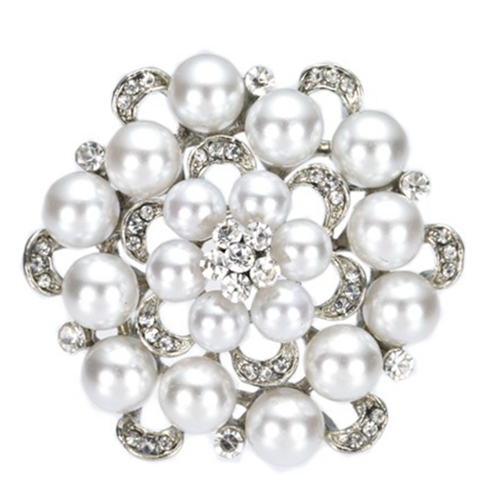 Rhodium Silver Plated Rhinestone Crystal and Pearl Bridal and Party Brooch