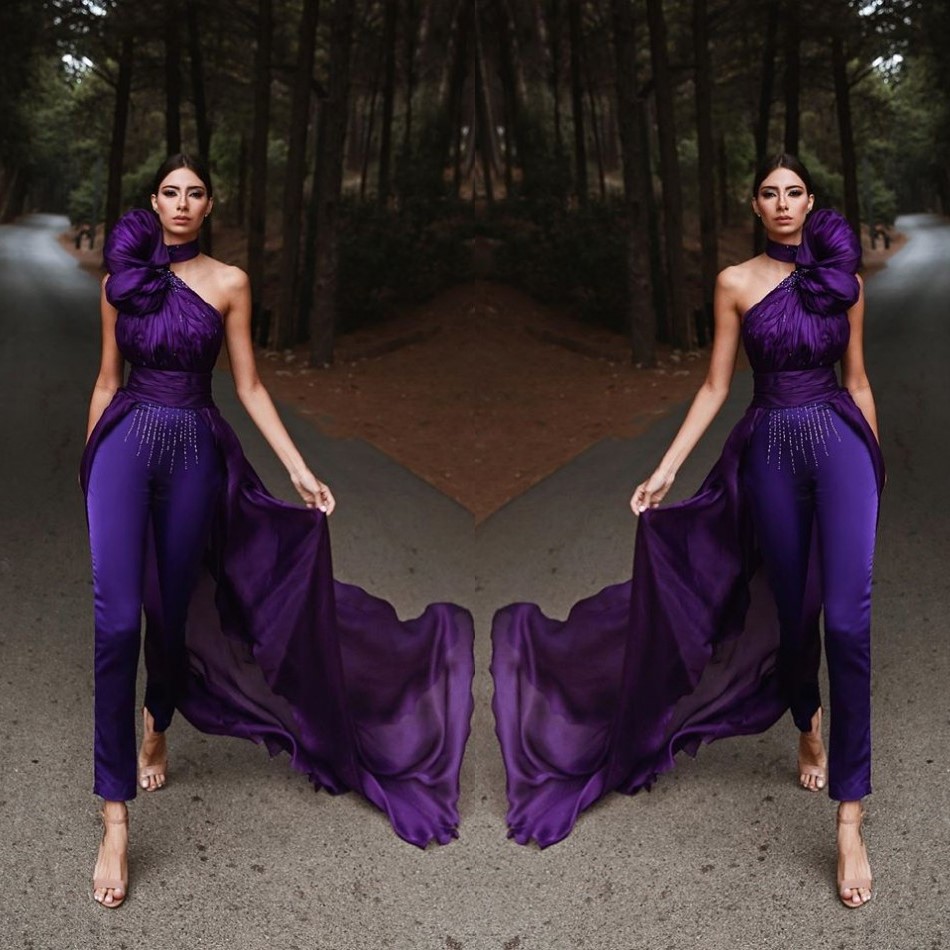 Unique Design Purple Prom Dresses One Shoulder Sequins Beading Formal Evening Dress African Lace Front Split Party Pageant Jumpsuit