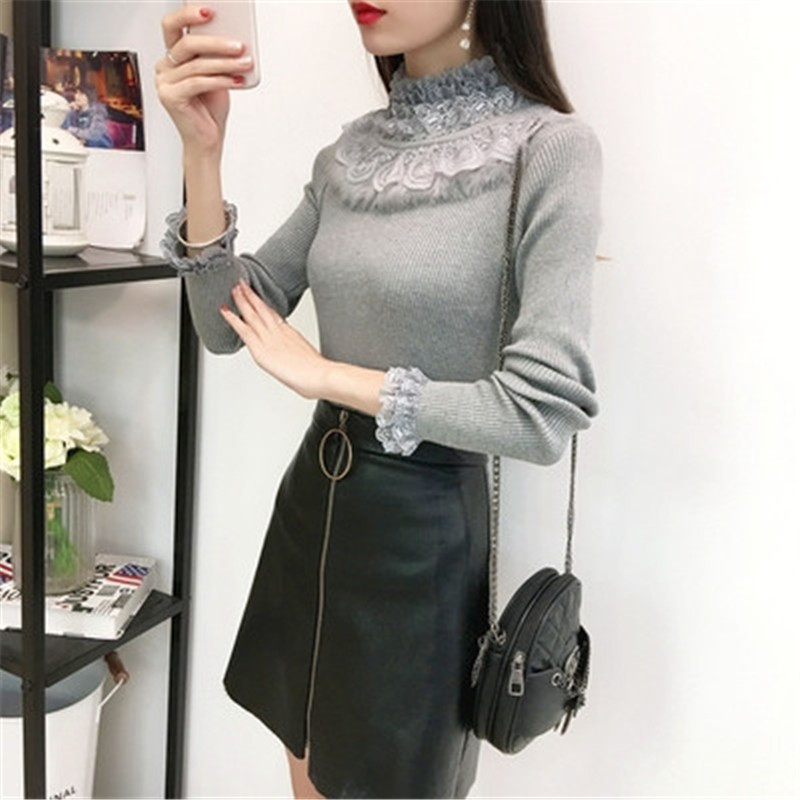 Autumn Winter Women Sweater Pullover 2019 New Lace shirt Long Sleeve Ruffled Slim Pull Knit Half Turtleneck Sweater Female ZZ643