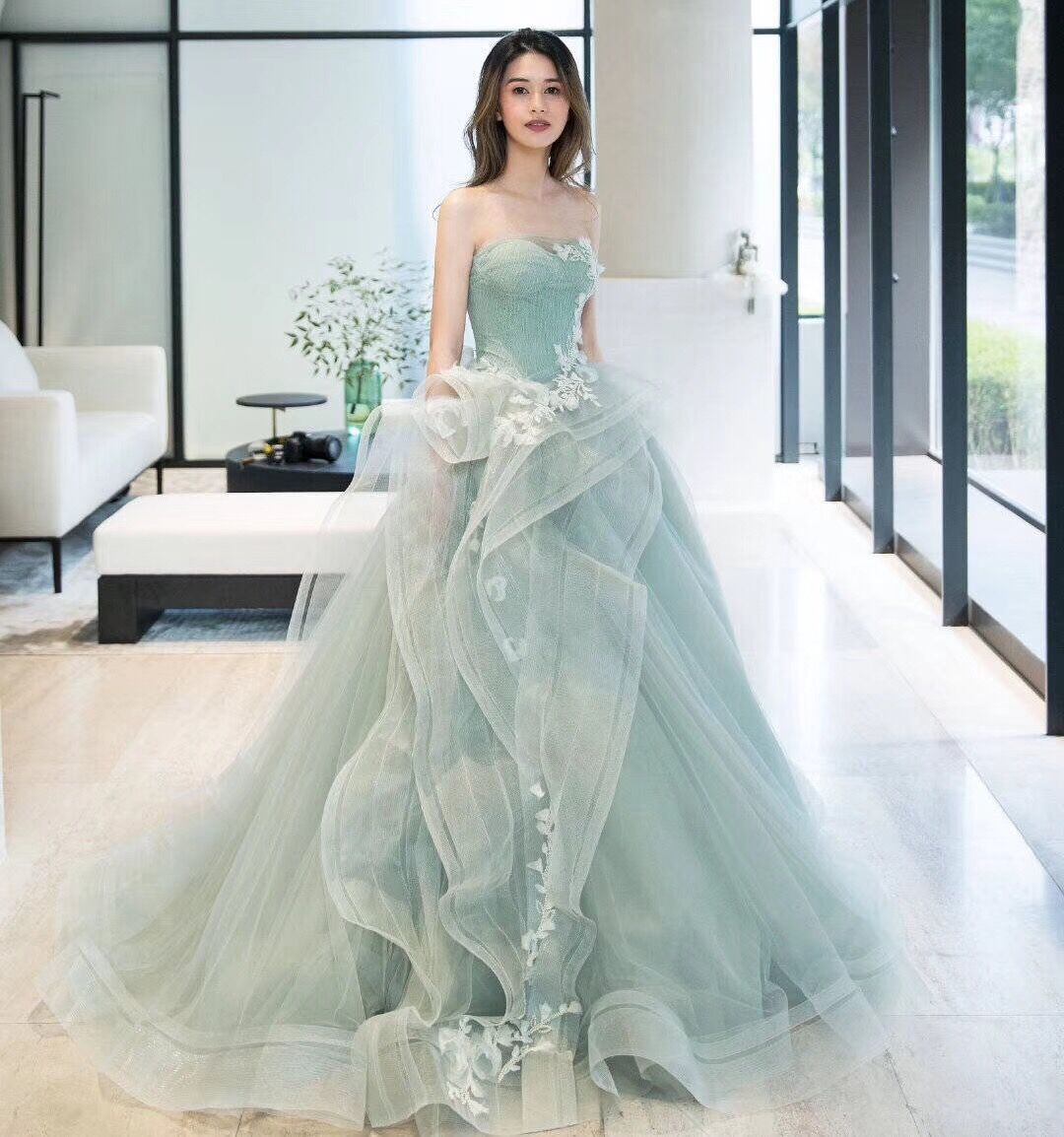 Strapless Sage Ball Gown Prom Dress Lace-up/Zipper Back Sweep Train Evening Gowns