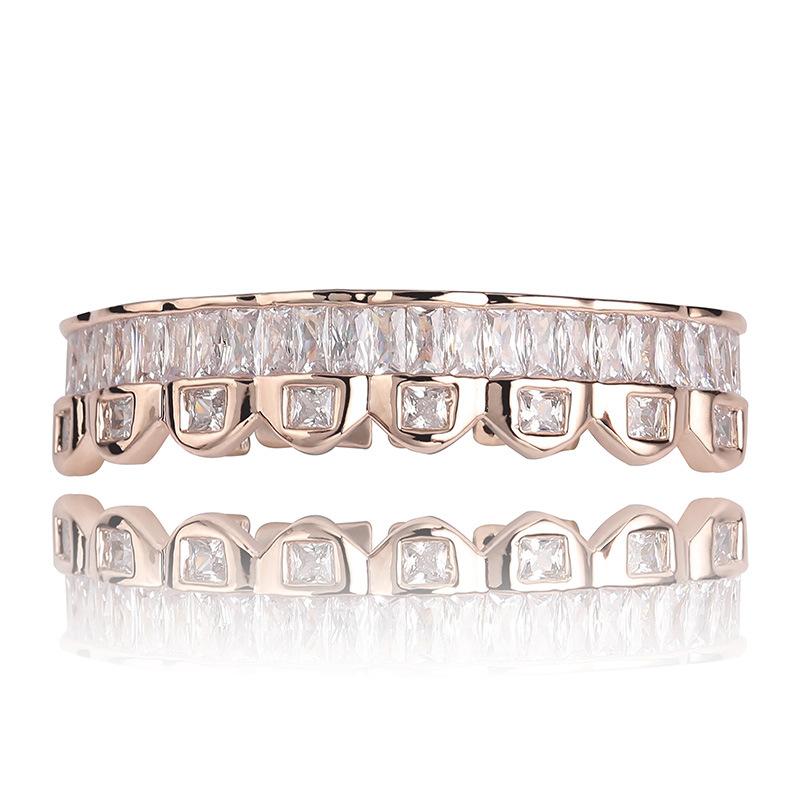 New Baguette Set Teeth Grillz Top Bottom Rose Gold Silver Color Grills Dental Mouth Hip Hop Fashion Jewelry Rapper Jewelry