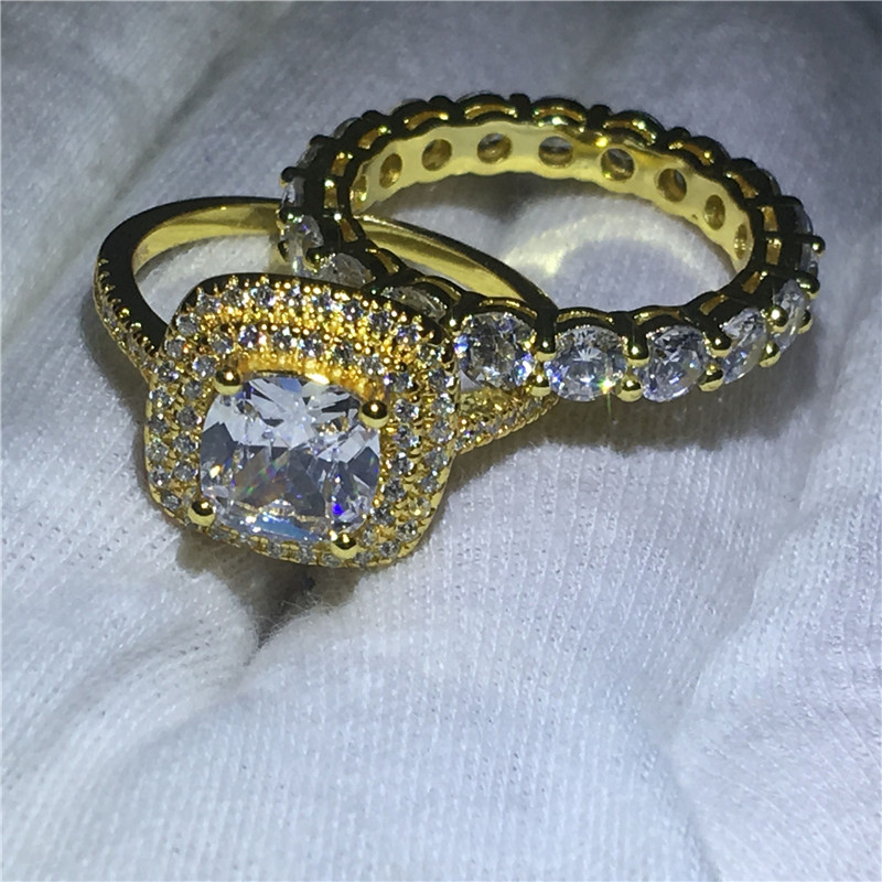 Sparkling Luxury Jewelry 925 Sterling Silver&Gold Fill Cushion Shape White Topaz CZ Diamond Gemstones Couple Rings Women Bridal Ring Set