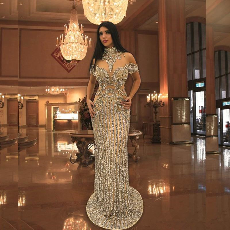 Luxurious Rhinestone Crystals Prom Dresses High Neck Beads Short Sleeve Sparkly Mermaid Prom Dress Stunning Dubai Celebrity Evening Dresses