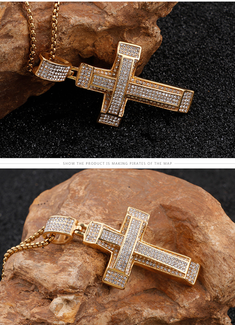 Double Layers Cross Pendants Necklace Men Hip Hop 316L Stainless Steel Full Cubic Zirconia Setting 18K Gold Plated Jewelry