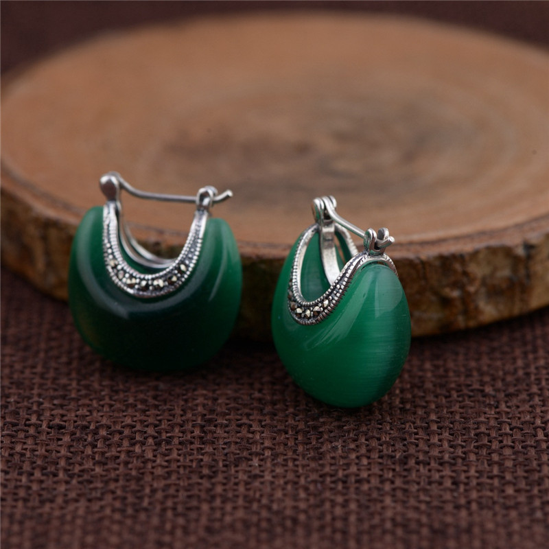 100% 925 Sterling Silver White Green Opal Earrings For Women New Fashion Retro Water Drop Earring boucle d'oreille
