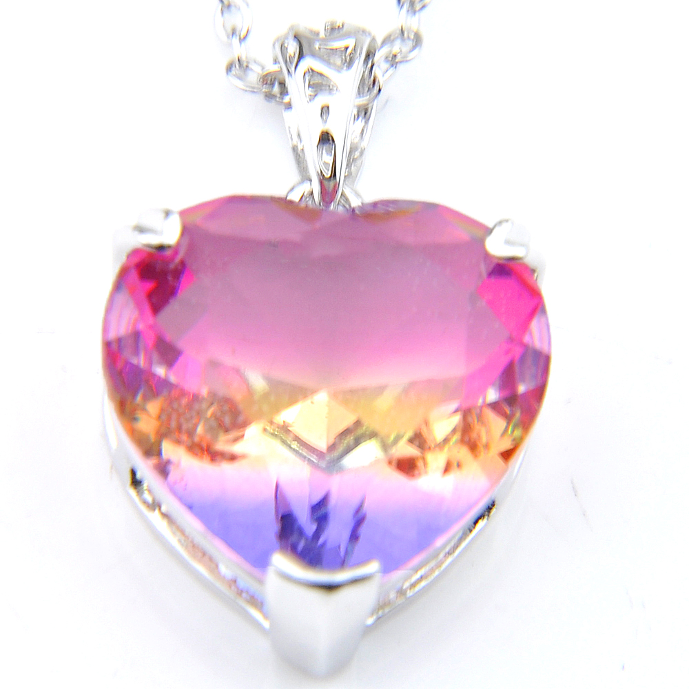 Luckyshine Woman Heart Bi colored Tourmaline Pendants 925 Silver Necklace Pendant Jewelry