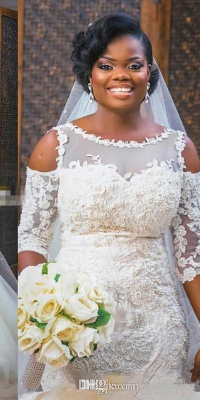Elegant African Mermaid Wedding Dresses Cape Sleeve puffy tulle skirt Bridal Gowns vintage Lace Applique Plus Size Wedding Dress White