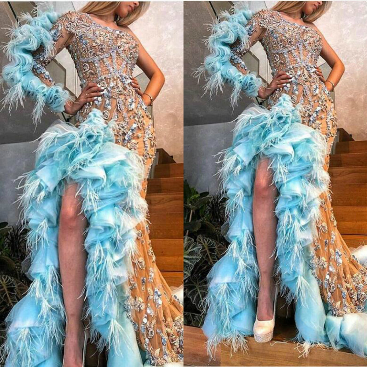 Luxury Sparkle Beaded Mermaid Prom Dresses Sexy Ruffles Feather Crystal Long Evening Dress One Shoulder High Split Gowns abendkleider