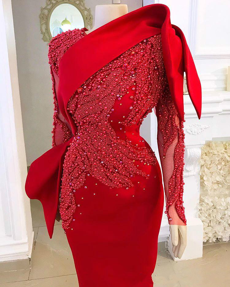 Perals Embroidery Red Mermaid Evening Dresses With Long Train Gorgeous Long Sleeve Party Gowns Special Occassion Dress Abendkleider