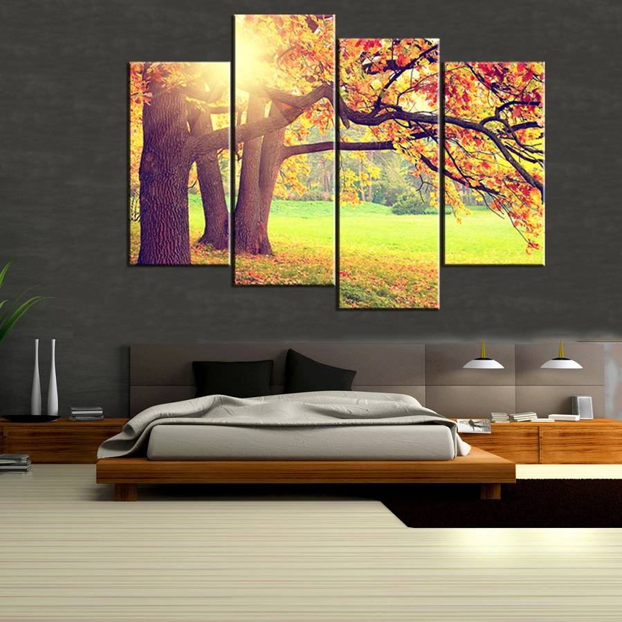 4pcs/set Wall Art Painting Picture HD Print Moring Tree Sunshin Unframed Canvas For Home Decoration