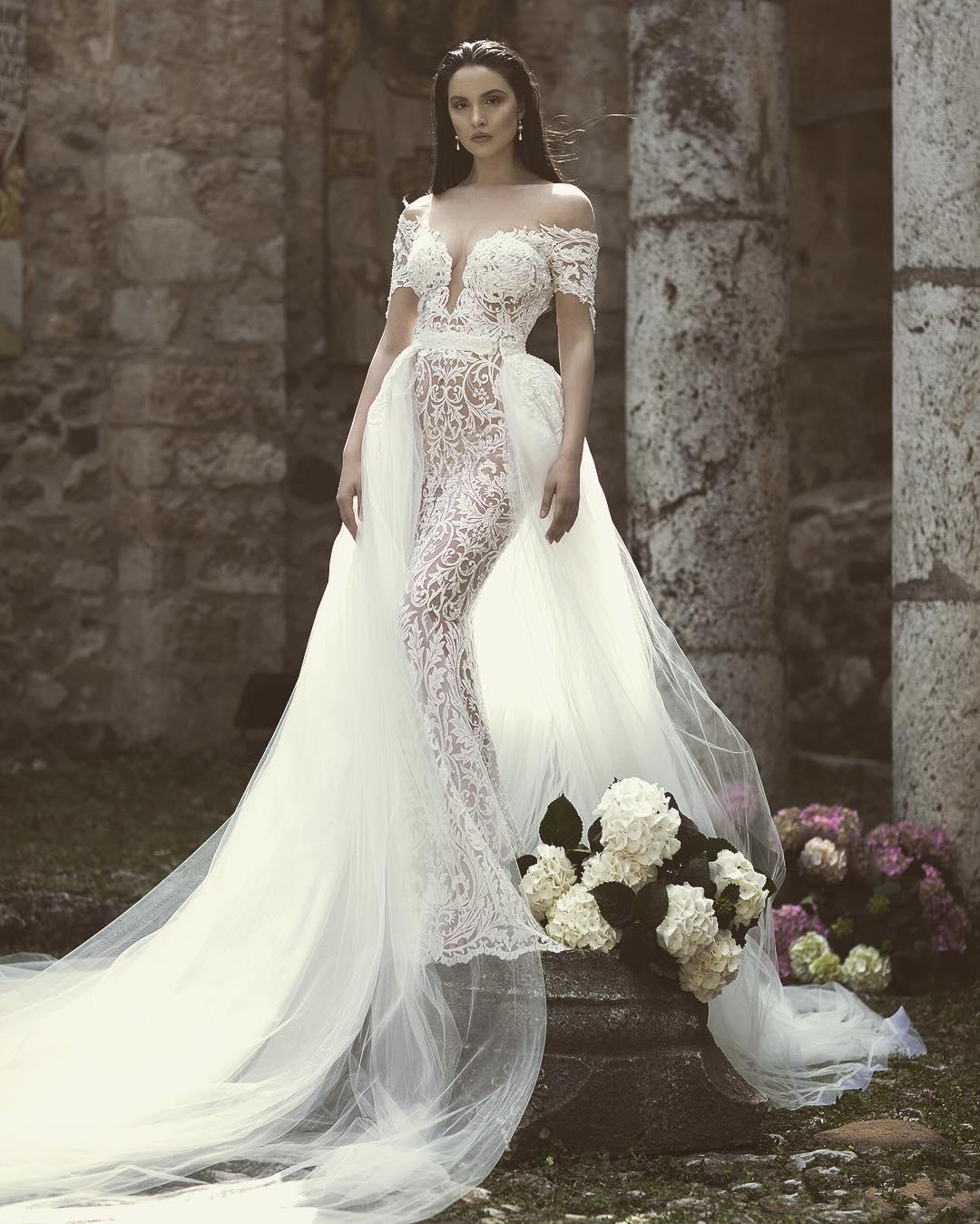 2019 Gorgeous Mermaid Wedding Dresses Off Shoulder Lace Appliques With Detachable Overskirts Plus Size Bridal Gowns Beach robe de mariée