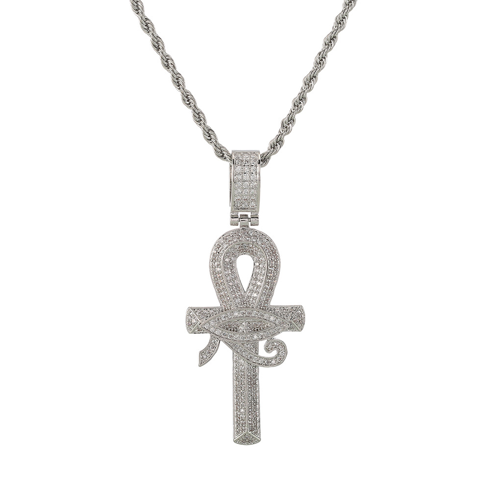 Pendant necklace, jewelry designer Eye of Horus cross moissanite pendant and sterling sier rope social gathering super face