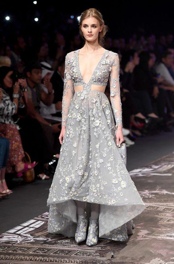 New Great Gatsby Long Sleeve High Low Prom Dresses Michael Cinco luxury 3D Applique Floral Cutside Occasion Evening Gowns Formal Wear