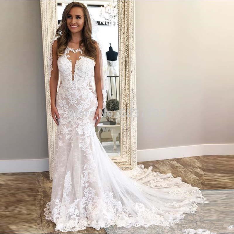 Modern Lace Mermaid Wedding Dresses 2020 Sexy Open Back Sheer Neck 2020 Newest Western Garden Court Train Bridal Gowns With Appliques, Gold
Modern Lace Mermaid Wedding Dresses 2020 Sexy Open Back Sheer Neck 2020 Newest Western Garden Court Train Bridal Gowns With Appliques, Gold
