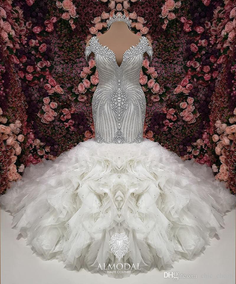 Plus Size Dresses Beads Crystal Lace Tiered Skirts Court Train Cap Sleeves Mermaid Wedding Dress African Bridal Gowns