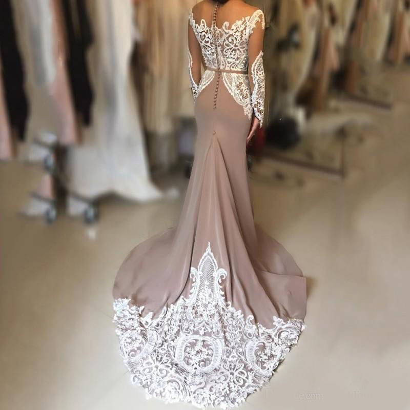 2020 Latest Long Sleeve Mermaid Prom Dresses Lace Beaded Formal Prom Gowns Robe De Bal Button Back Party Dresses Formal Evening Dresses