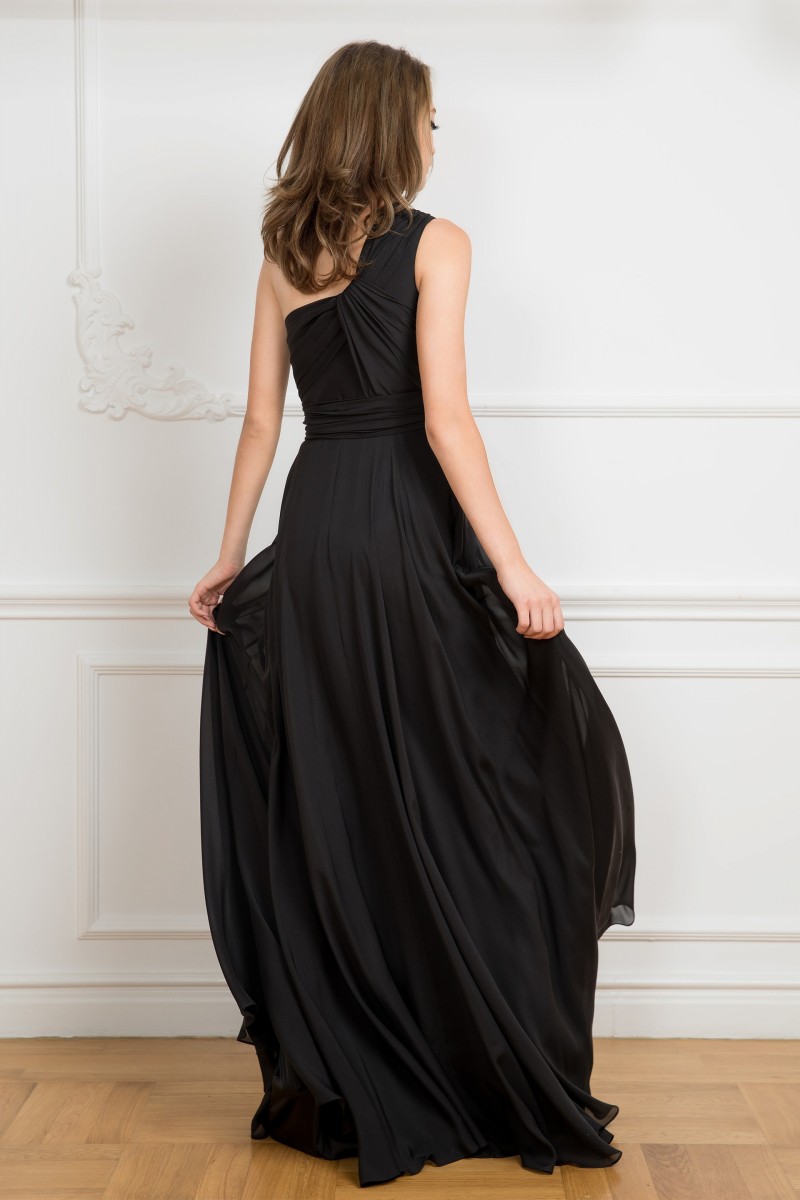 Black One Shoulder Prom Dresses Chiffon High Split A Line Party Dresses Floor Length Mother Of Bride Gowns