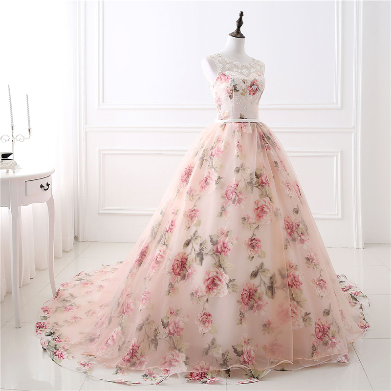 Scoop Prom Dresses Flower Print Satin Ball Gown Formal Evening Party Wear Beaded Gown QC1308