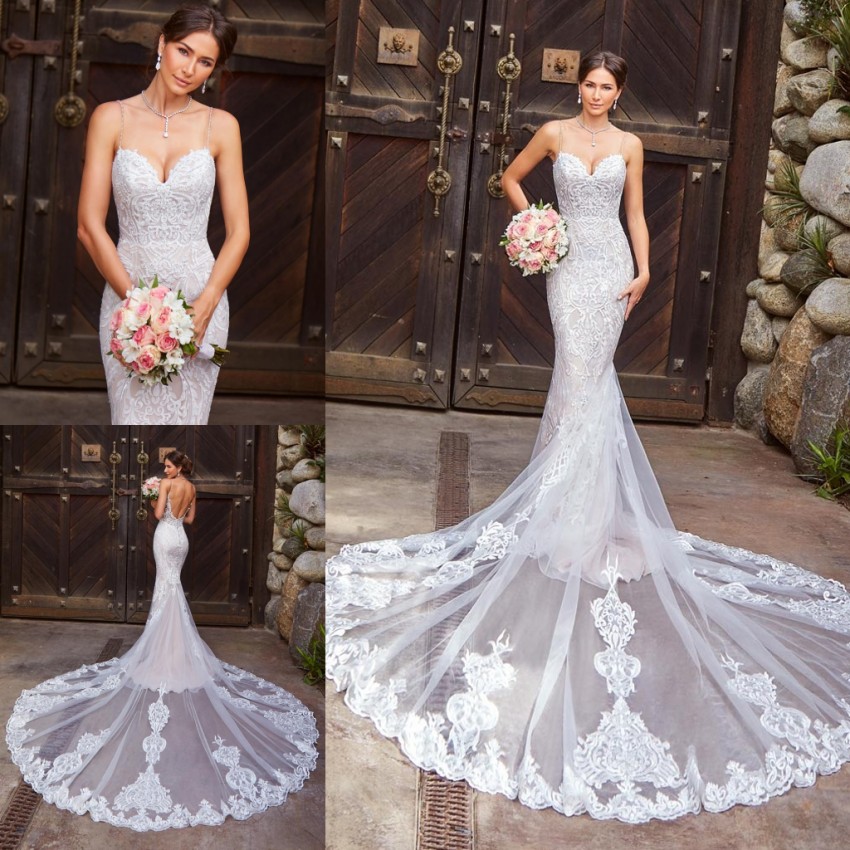 Mermaid High End Lace Wedding Dresses Spaghetti Straps Bridal Gowns Backless Beaded Sweep Train Trumpet Plus Size Robe De Marie