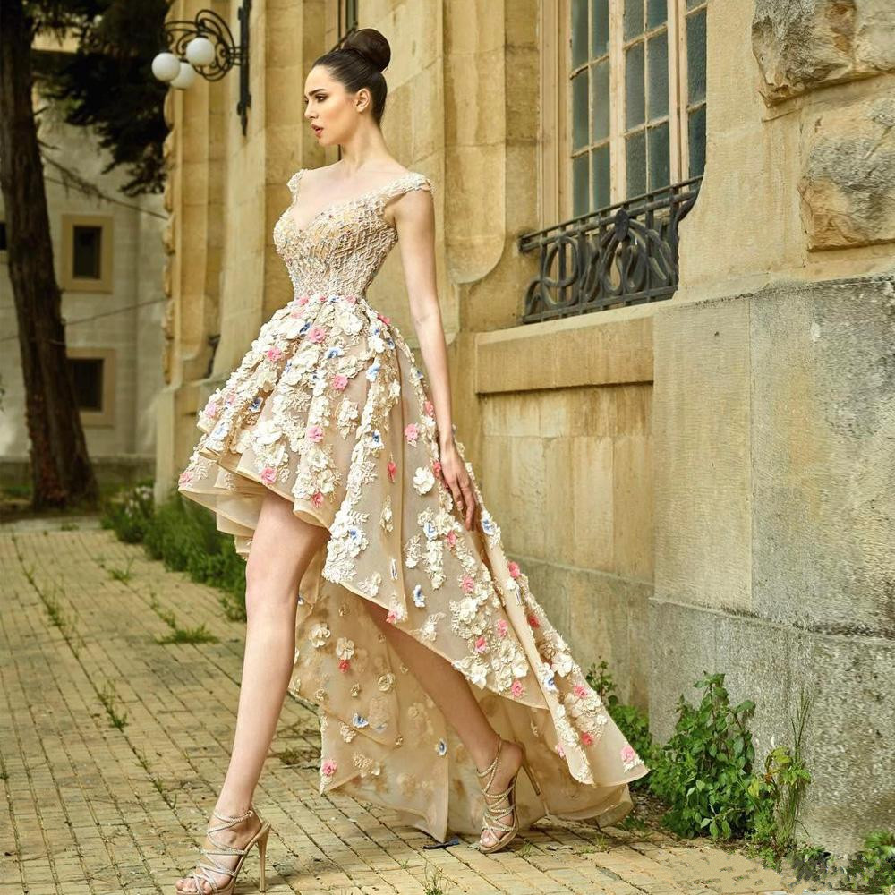 Gorgeous High Low Prom Dresses 3D wer Appliqued Crystal Beads Lace Evening Gowns Illusion Organza Women Special Ocn Plus Size Dress