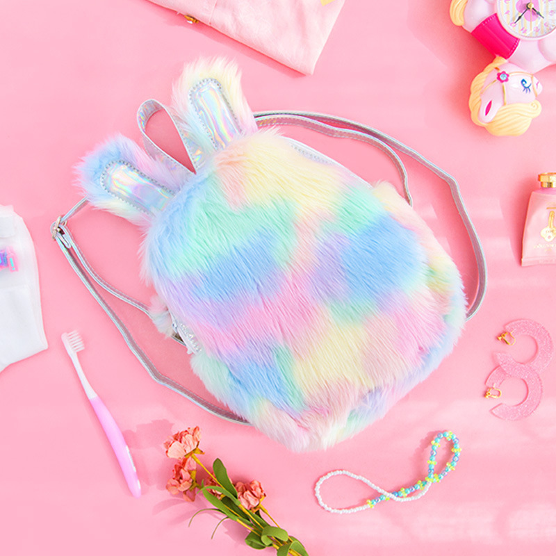 Plush Unicorn Hologram Backpacks Women Laser Mini Double Shoulder Bag Kawaii Lolita Student Rainbow Fur Backpack with Cute Ear Y18110202