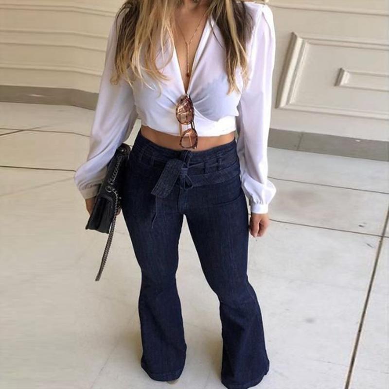 Long Fashion Womens Large Size Lacing Jeans High Waist Stretch Slim Sexy Flare Pants Distress Cloth #31 B4