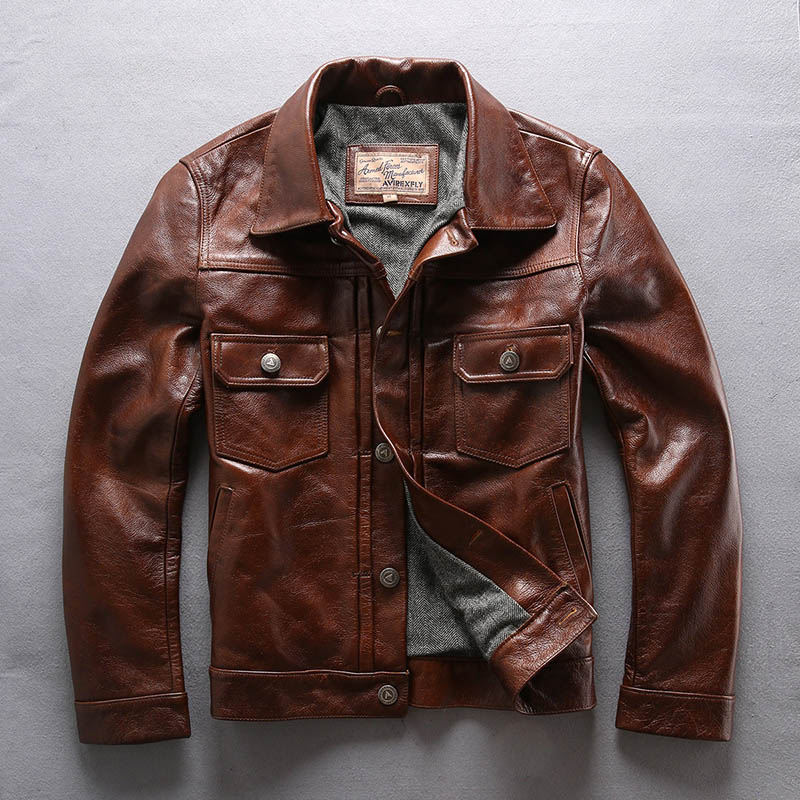 Factory New Men Brown Cow Leather Jacket Real Cowhide Casual Single Breasted Slim Fit Jackets Winter Russia Coats B4