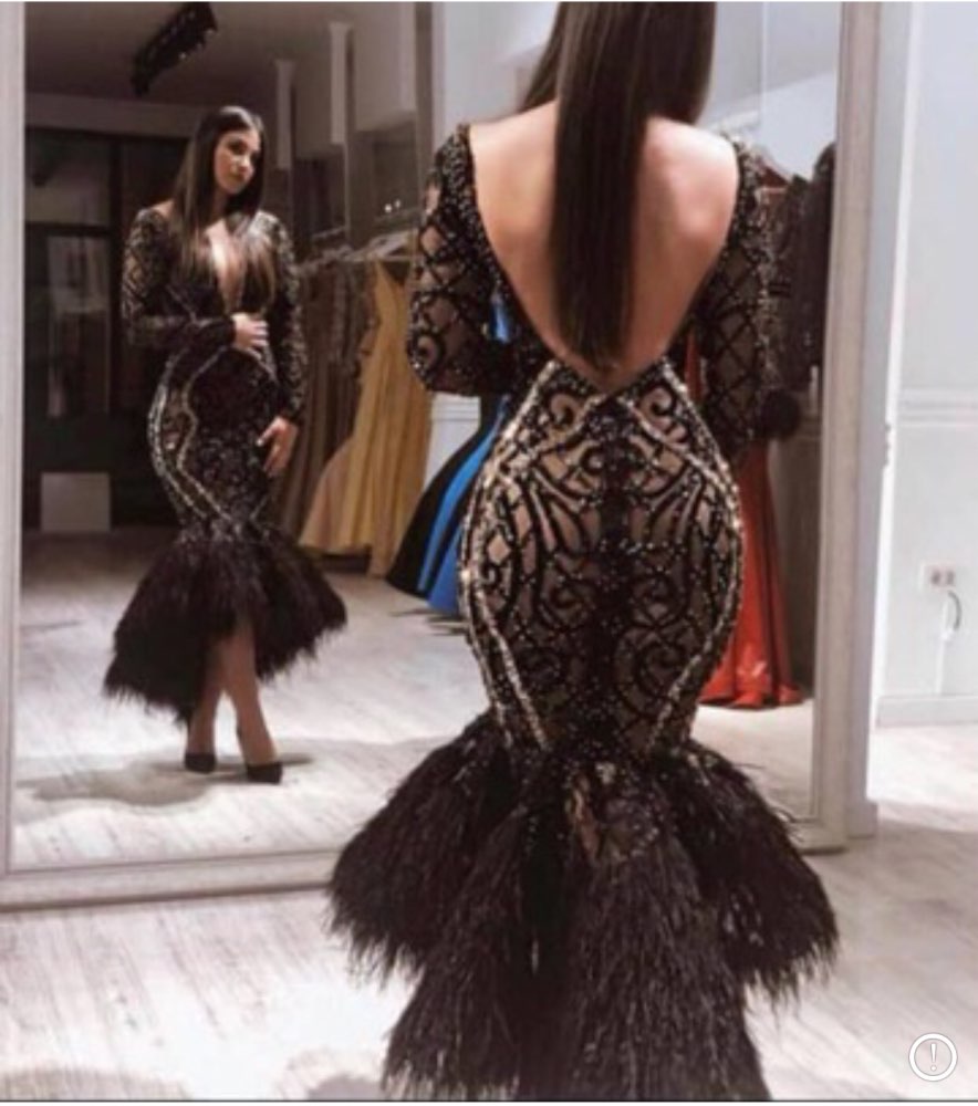 Black Luxury Feather Prom Dresses Long Sleeve Lace Beads V Neck Celebrity Evening Dress High Low Formal Party Wear
