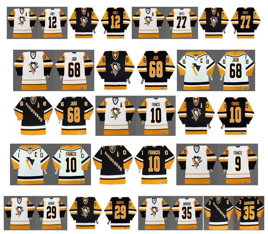 

Vintage Pittsburgh Penguins Jerseys 68 Jaromir Jagr 10 Ron Francis 12 BOB ERREY 77 PAUL COFFEY 29 Phil Bourque 35 Tom Barrasso Custom Hockey, Black;red