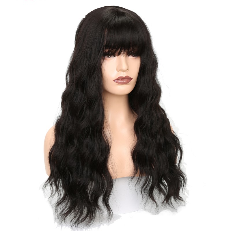 High quality simulation brazilian human hair full wig with bang black/brown/grey long body wavy Wigs for Black Women African American