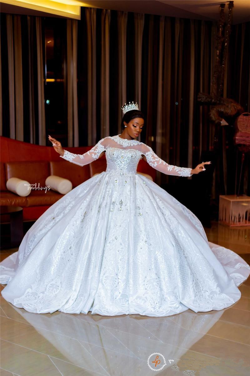 Luxury Long Sleeve 2020 Ball Gown Wedding Dress Bridal Gowns High Neck Lace Appliqued Beaded Plus Size Vestido De Novia