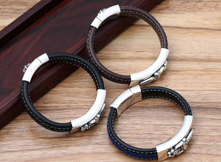 Brand new 925 sterling silver handmade jewelry American European vintage antique silver designer ID bracelets leather band nice gift