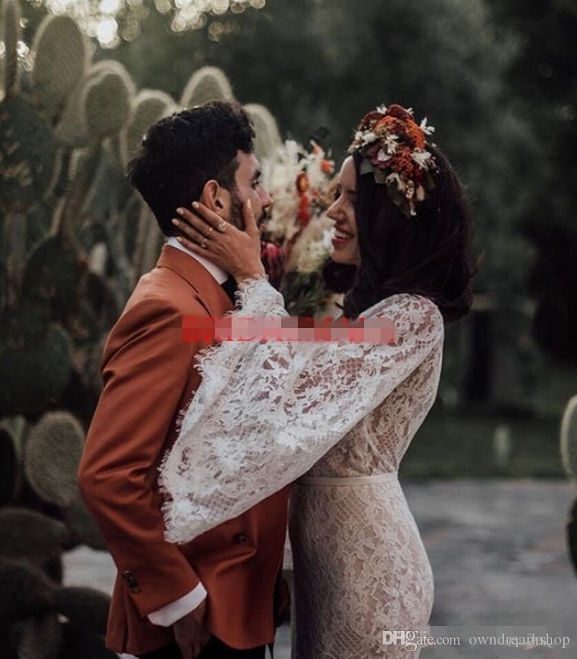 Sexy Bohemian Cheap Full Lace Mermaid Dresses V Neck Puffy Long Sleeves Backless Floor Length Plus Size Wedding Dress Bridal Gowns