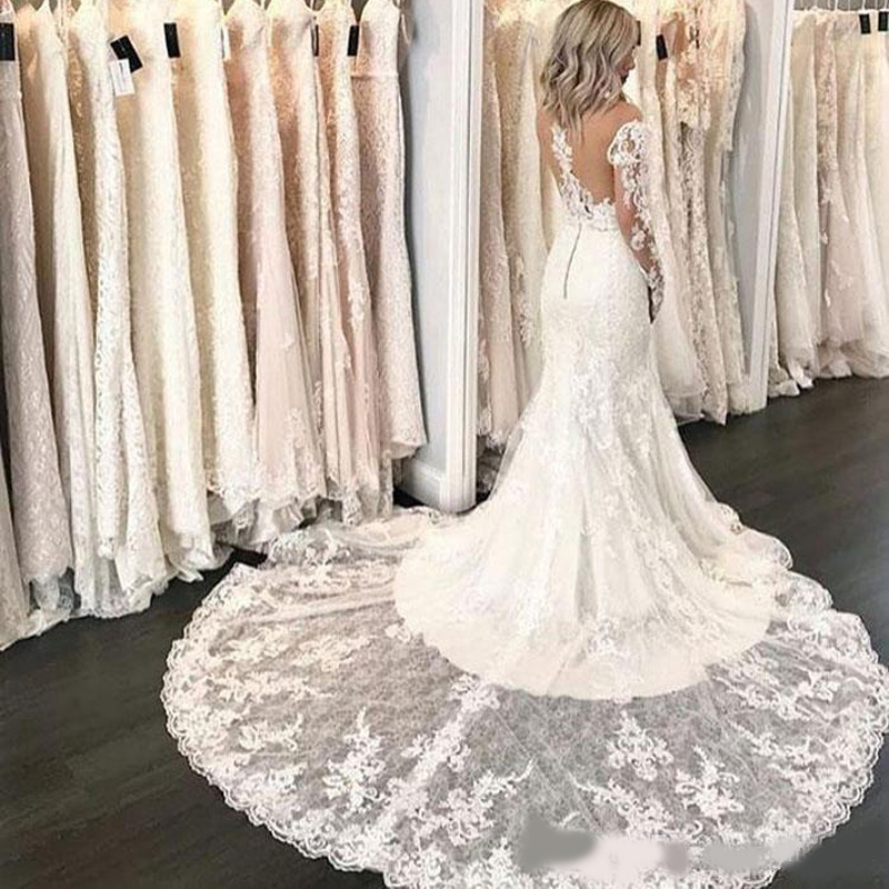Off Shoulder Long Sleeve Mermaid Wedding Dresses 2020 Plus Size Full Lace Appliqued Illusion O-neck Trumpet Garden Wedding Gowns