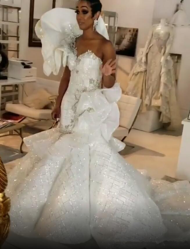 Lace Stylish Sparkly Beaded Crystals Mermaid Bridal Dresses One Shoulder Sexy Wedding Gowns Vestido De Novia