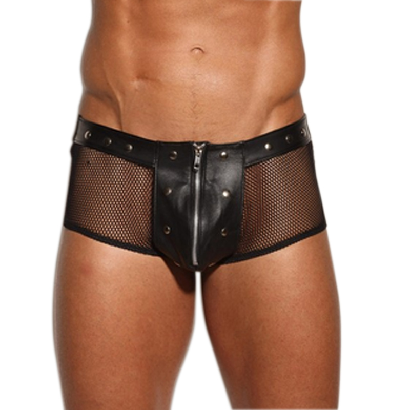 Men Leather Fishnet Patchwork Boxer Shorts Cueca Underwear Male Gay Hollow Out Net Leather Sexy Trunks Boxers Panties Underpants