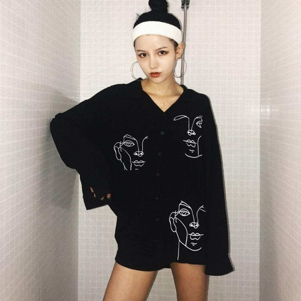 Hip-hop Printed Loose Female White Blouses New Spring Wild Long Batwing Sleeve Shirt for Ladies Turn Down Collar Women's Shirts D18122903