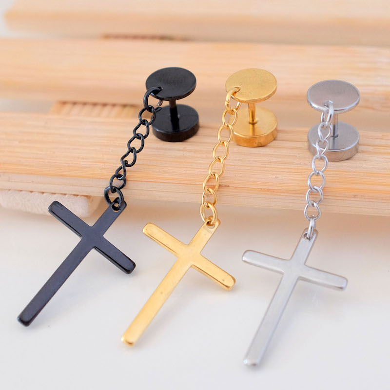 Charm Cross Drop Dangle Earrings Hip Hop Punk Men's Stainless Steel Barbell Stud Earrings Jewelry