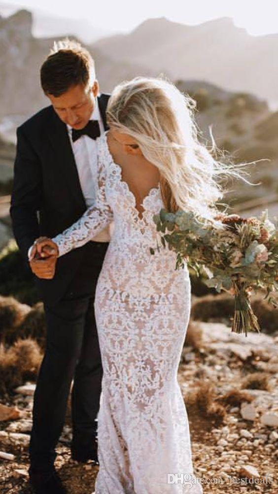 Long Vintage Lace Sleeve Mermaid Dresses Sexy Deep V Neck Backless Wedding Dress Sweep Train Boho Bridal Gowns