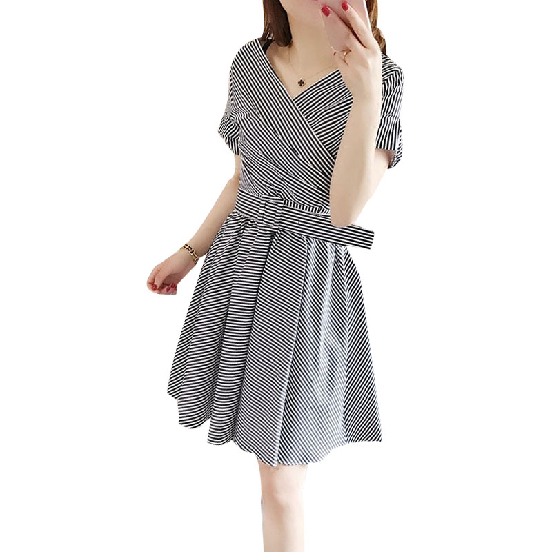 Women's Spring Summer Style Dress Women's Short Sleeve V-neck Striped Sashes Zipper Elegant Casual Dress SS1953, Black
Women's Spring Summer Style Dress Women's Short Sleeve V-neck Striped Sashes Zipper Elegant Casual Dress SS1953, Black