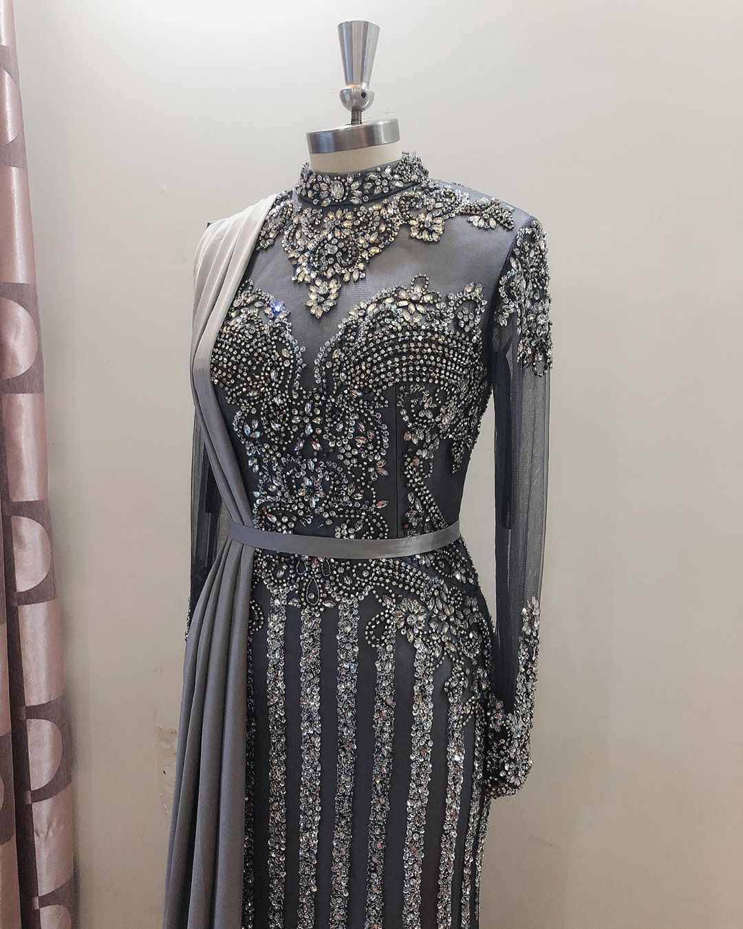 arabic aso ebi grey luxurious mermaid evening dresses beaded crystals prom dresses high neck formal party second reception gonws zj355