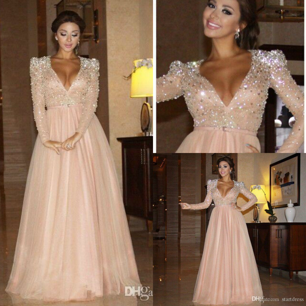 2019 Formal Evening Dresses Sequined V Neck Floor Length Long Sleeves Prom Dress Custom Made Plus Size Party Gowns