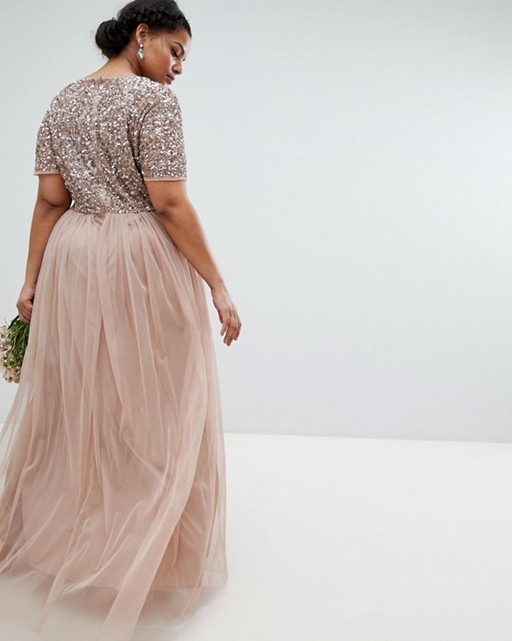 Cheap Champagne Sequined Bridesmaid Dresses With Short Sleeves V Neck Country Maid Of Honor Gowns Floor Length Tulle Wedding Guest Dress